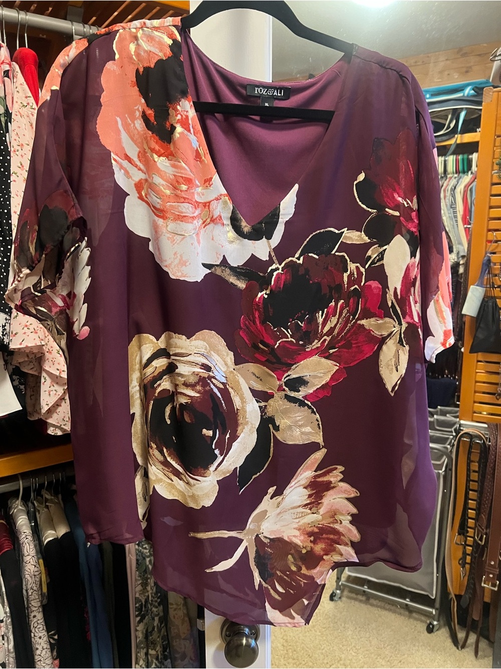 Roz & Ali Plum Floral V-Neck Blouse